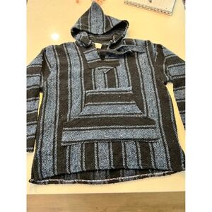 Baja Billys Hoody Poncho Blue Black Striped Jerga Hoodie Mens Medium Mexico